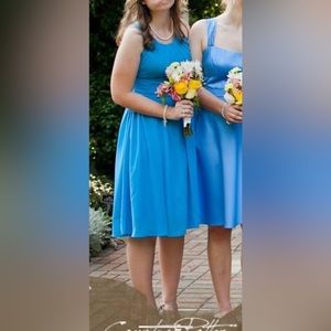 Bright Blue Short Chiffon Dress With Straps and Ruching